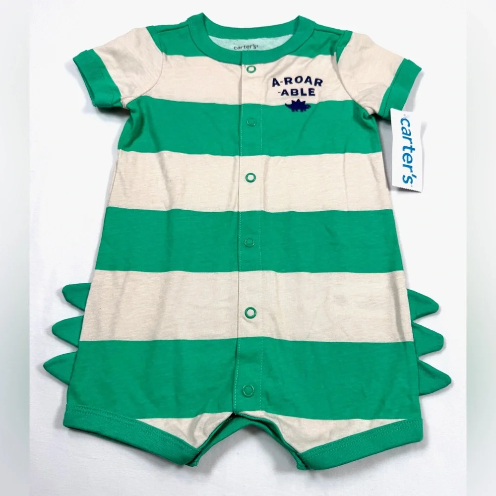 NWT CARTER’S Baby Dinosaur Stripe Romper‎ 6M Green Cute Playful Everyday NEW